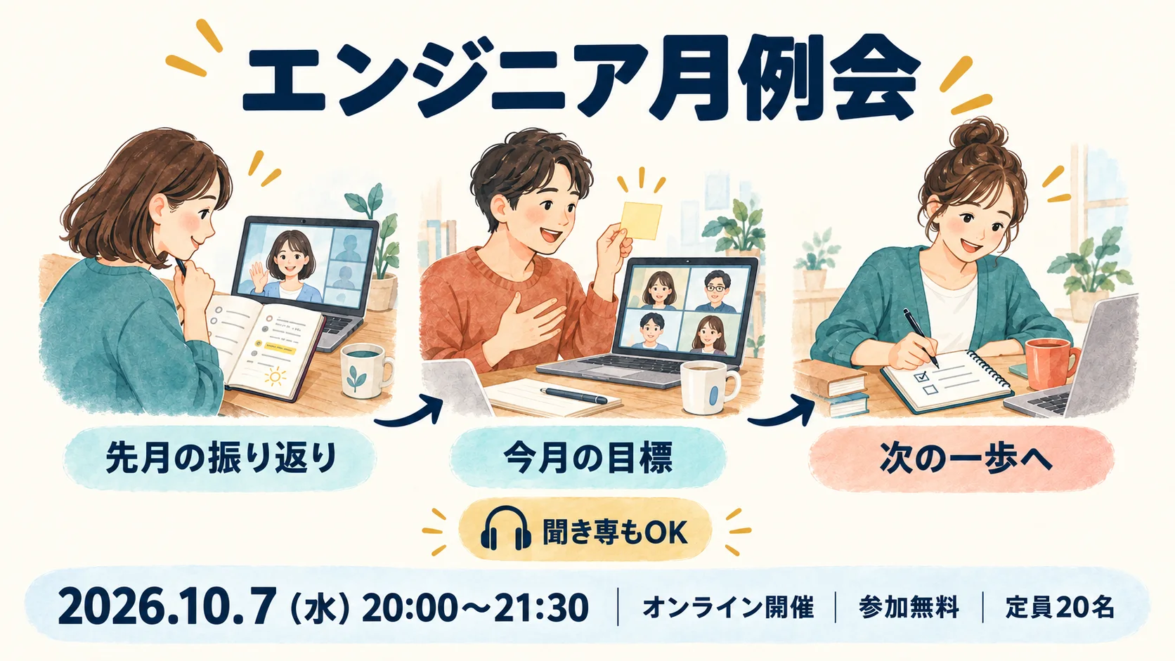 エンジニア月例会｜先月の振り返り・今月の目標共有【聞き専OK】 のイベントイメージ
